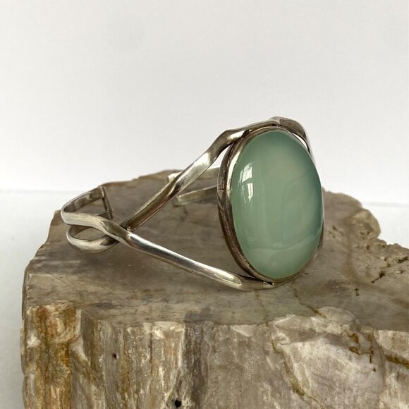 Sterling Silver 925 Large Oval Green Chalcedony Split Band Cuff Bracelet Sz 8" - Picture 13 of 16